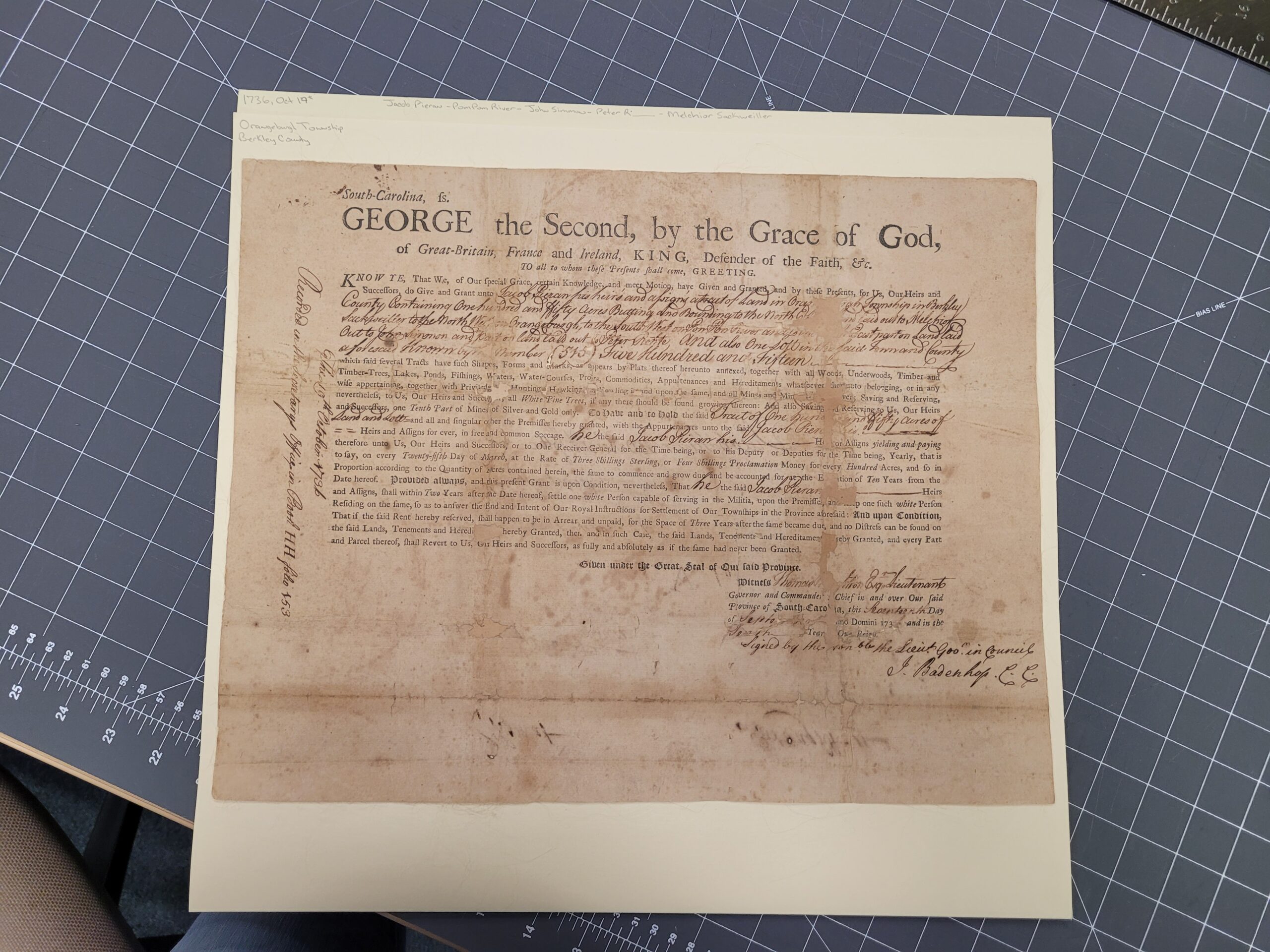 1736 Original Land Grant for Orangeburg County SC